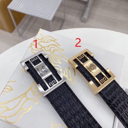 Versace Classic Square Ring Buckle Black Crocodile Pattern Belt Simple, Fashionable, Noble, and Elegant