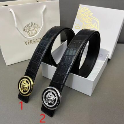 Versace Classic Circular Buckle Black Crocodile Pattern Belt Simple, Grand, Noble, Luxury