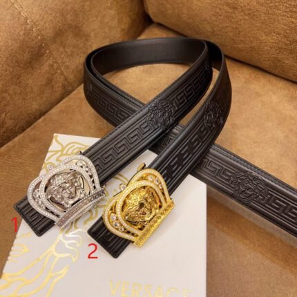 Versace Classic Medusa Relief Ring Buckle Black Texture Belt Simple Fashion Noble Luxury