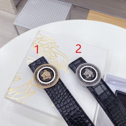 Versace circular buckle with black crocodile pattern belt, simple, fashionable, noble, and elegant