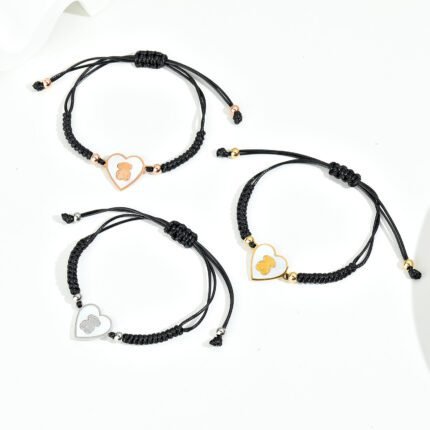 TOUS 925 Silver Simple Love Card White Bottom Bear Black Hand Rope