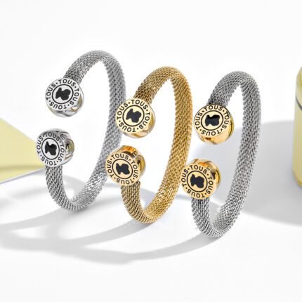 TOUS 925 Silver Garden Brand Black Letter Spanish Bear Open Bracelet