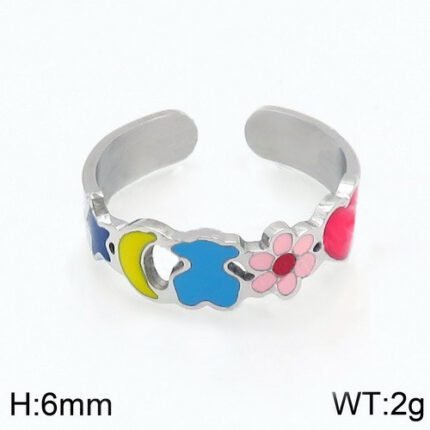TOUS Stainless Steel Colorful Graphic Bear Ring