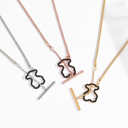 TOUS Stainless Steel Material Spanish Bear Frame Black Zircon Inlaid Necklace Pendant