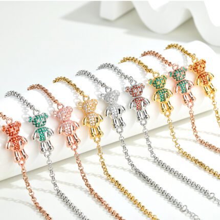 TOUS 925 Silver Simple Three Dimensional Spanish Bear Colorful Zircon Inlaid Bracelet