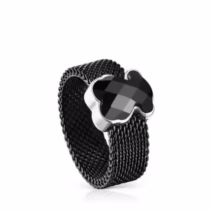 Black IP Steel Mesh Color Ring with Onyx Bear motif