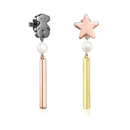TOUS 925 Silver Spanish Bear Star Pearl Long Pendant Earrings