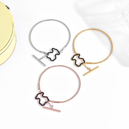 TOUS Stainless Steel Spanish Bear Frame Black Zircon Inlaid Bracelet