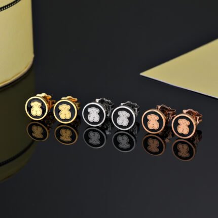 TOUS 925 Silver Spanish Bear Black Zircon Disc Earrings