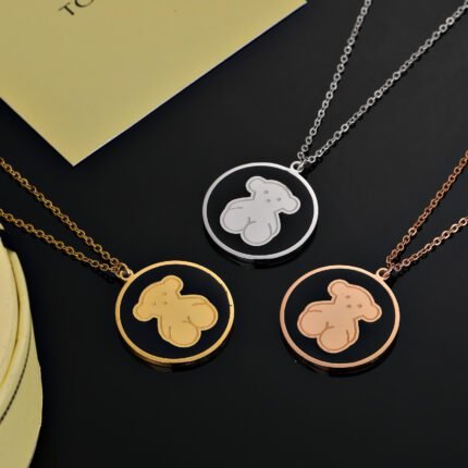TOUS Stainless Steel Material Black Disc Spanish Bear Necklace Pendant
