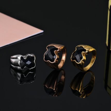 TOUS Stainless Steel Shiny Black Zircon Bear Ring