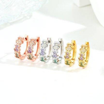 TOUS 925 Silver Three Bear Colored Zircon Inlaid Circular Earrings
