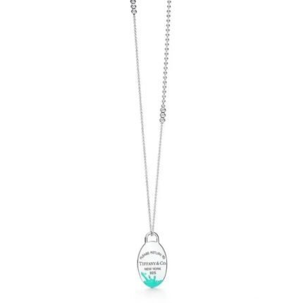 Tiffany&CO NEW YORK 925 Silver Necklace with Green Elliptical Pendant and Handprint Pattern