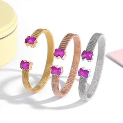 TOUS 925 Silver Simple Purple and Grey Bear Open Bracelet