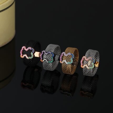 TOUS Stainless Steel Frame Bear Colorful Zircon Inlaid Mesh Ring