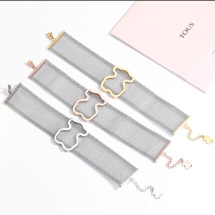 TOUS 925 Silver Frame Bear Black Silver Wide Bracelet