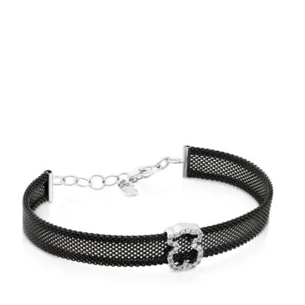 Black IP steel and White gold TOUS Icon Mesh Bracelet with Diamonds Bear motif 0,8cm. 0,14ct