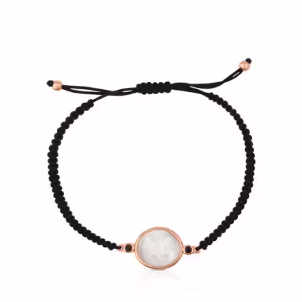 Rose Vermeil Silver Camee Bracelet with black Cord, Mother-of-Pearl and Spinel