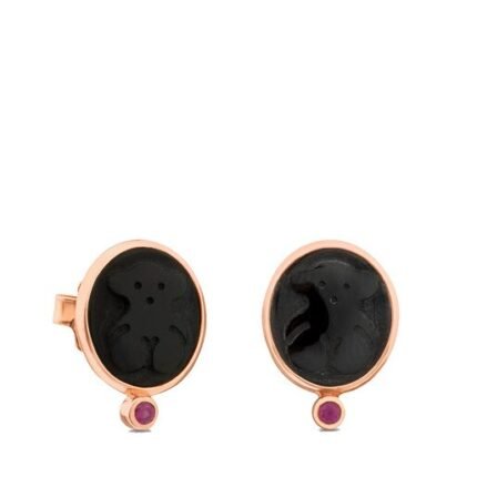 Rose Vermeil Silver Camee Earrings with Onyx and Ruby