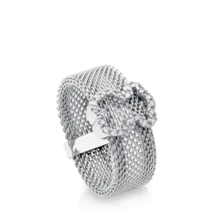 Steel and White gold TOUS Icon Mesh Ring with Diamonds Bear motif