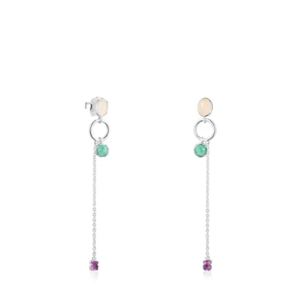 Long Silver and Gemstones Cool Color Earrings