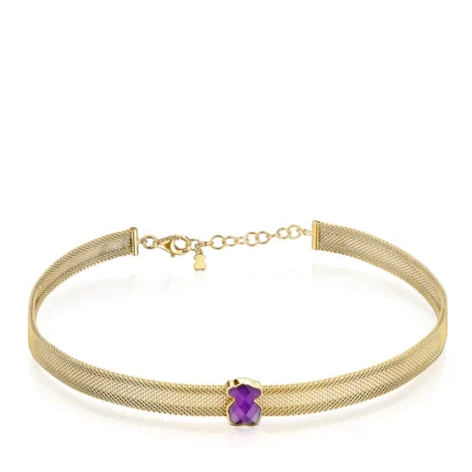 Gold-colored IP Steel Mesh Color Necklace with Amethyst