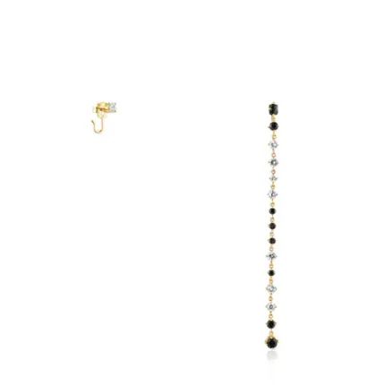 Glaring short/long earrings with 18 kt gold plating over silver, onyx and zircon