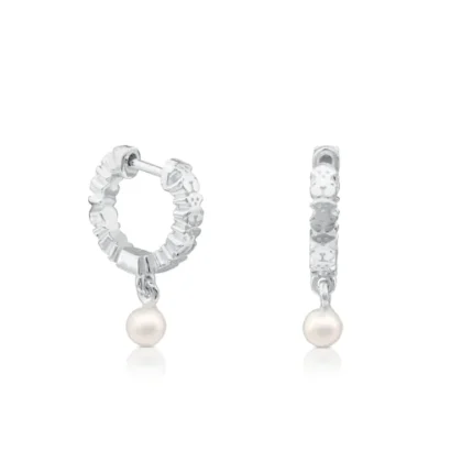 Silver TOUS Straight Hoop Earrings with Pearls