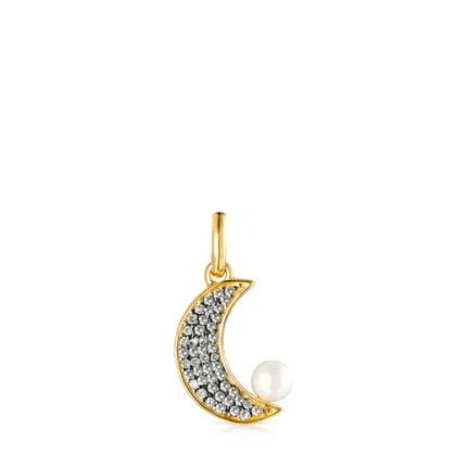 Nocturne half-moon Pendant in Silver Vermeil with Diamonds and Pearl