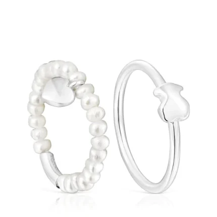 Silver and cultured pearls Mini Icons heart and bear Ring set
