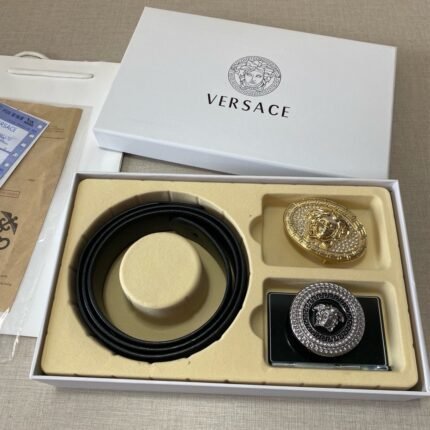 Versace Classic Double Button Round Buckle Belt Gift Box Set, High end Fashion, Noble and Elegant