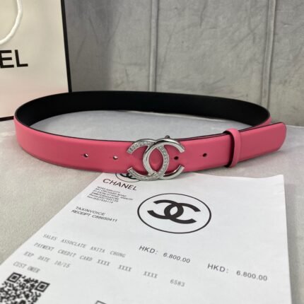 Chanel Silver Double C Diamond Ring Buckle Pink Belt Simple and Elegant, Low key Luxury