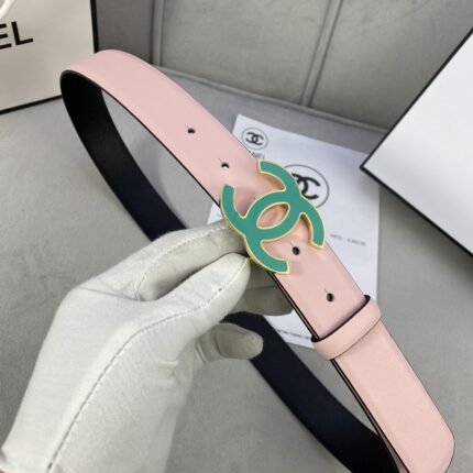 Chanel green double C-ring buckle pink belt, simple, atmospheric, exquisite and elegant