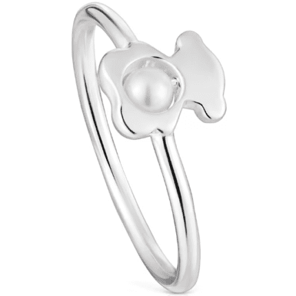 TOUS stainless steel material silver hollow bear pearl inlaid circular ring ring