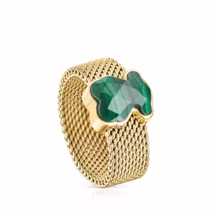 Mesh Color ring in gold IP steel and faceted malachite with bear motif