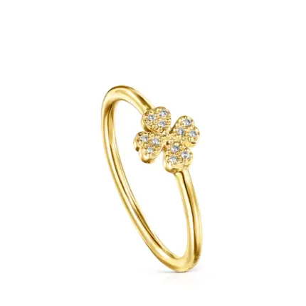 Gold TOUS Good Vibes Ring with Diamonds clover motif