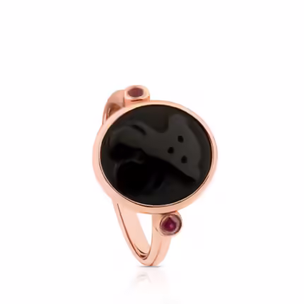 Rose Vermeil Silver Camee Ring with Onyx and Ruby