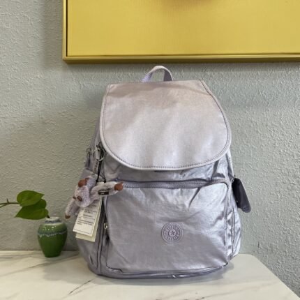 KIPLING Purple Metal Texture Casual Backpack, Equipped with Cute Purple Monkey Doll