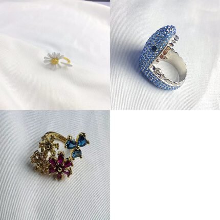2024 New Style Fashionable Chrysanthemum Open Gold Ring, Blue Zircon Inlaid Fun Shark Ring, Colorful Zircon Inlaid Flower Gold Ring