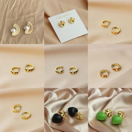Half ring overlapping gold earrings, multi-color T-round earrings, zircon heart-shaped earrings