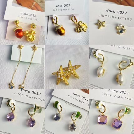 Pinecone squirrel gold earrings, starfish crab zircon gold earrings, sparkling diamond square zircon earrings