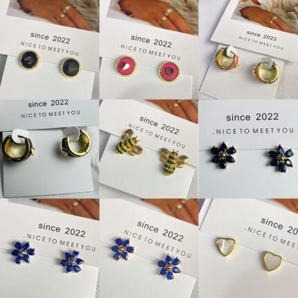 Golden round leather earrings, deep blue teardrop shaped zircon flower earrings, golden white heart-shaped earrings