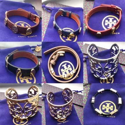 Leather multi-color perforated double T bracelet, hollowed out round double T tricolor wide bracelet