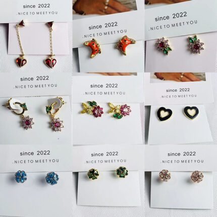 Colorful sparkling zircon flower earrings, multiple colors of zircon four heart small round earrings