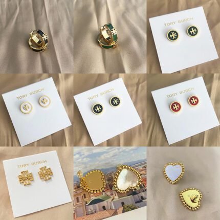 Simple multi-color small round double T earrings, gold heart-shaped round edged earrings