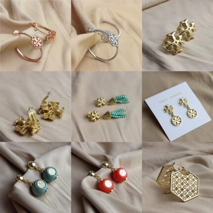 Tri color twisted ring double T earrings, blue round zircon tassel gold double T earrings