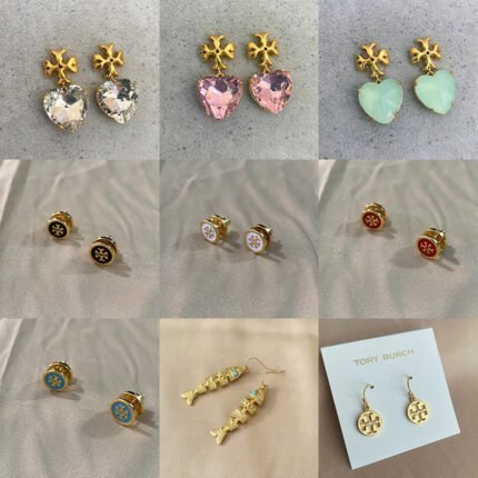 Sparkling zircon heart-shaped cut surface gold double T earrings, multiple colors small round double T earrings, gold fishbone joint earrings