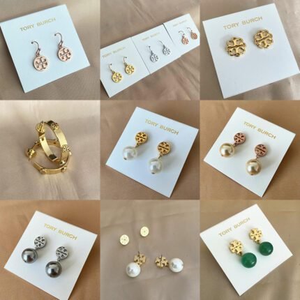 Simple gold round hollow double T earrings, green round zircon gold double T earrings