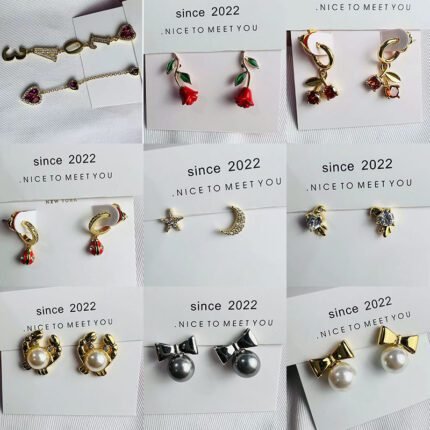 Love Letter Love Sparkling Zircon Inlaid Long Chain Earrings, Rose, Cherry shaped Zircon Earrings, Simple Star Moon Gold Earrings. Butterfly knot pearl earrings