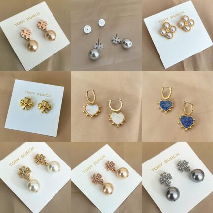 Rose gold imitation pearl double T earrings, sparkling zircon inlaid double T imitation pearl earrings, multi-color heart-shaped earrings